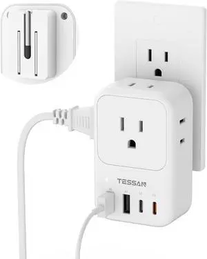 USB C Charger Block 20W PD, TESSAN Foldable Wall Charger with 4 USB Ports and 4 AC Outlet Extender, Multi Charging Station for Cruise, Home, Office, Dorm Room Essentials, White