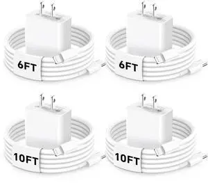 USB C Fast Charger Block, 4Pack 20W PD Type C Wall Phone Charger with 6/10FT Fast Charging USB C to Lighting Cable Compatible with iPhone 14/13/12/11 Pro/Pro Max/Plus/XS/XR/X/SE/8 Charger White