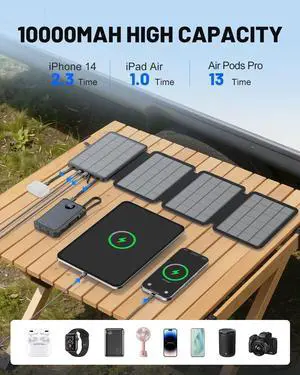 10000mAh Solar Power Bank, Detachable Solar Panel, 14W Foldable, Magnetic Charging, 5 Port Fast Charging, IPX5 Waterproof, Works Separately for Phones/Tablets, Camping Outdoor