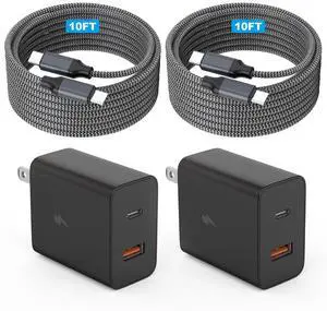 Extra Long 10Foot 45W Samsung USB C Fast Charger Block Dual Port PD Power Adapter Fast Charging Block,2Pack 10FT Type C Super Quick Charging Cord for Samsung Galaxy S25 Ultra/S25/S24/S23/S22 and More