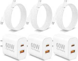 60W USB C Fast Charger for iPhone 17/Air/17 Pro/17 Pro Max/16/15 Pro Max, 3-Pack 60W Dual Port Type C Charger Block & 6FT USB-C Cable, PD 3.0 Super Fast Charging for iPad Pro 13/12.9/11, Air 7/6, Mini 60W USB C Fast Charger for iPhone 17/Air/17 Pro/17 Pro Max/16/15 Pro Max, 3-Pack 60W Dual Port Type C Charger Block & 6FT USB-C Cable, PD 3.0 Super Fast Charging for iPad Pro 13/12.9/11, Air 7/6, Mini