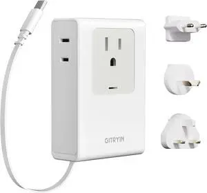 Gitryin Flat USB C Charger with 31.5in Retractable Type-C Cable, 5-in-1 Wall Charger with 3 Outlets 1 USB C Port, 40W Fast Charging European Travel Plug with 3 Pack Type C/G/I Detachable Attachments