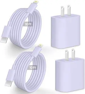 2 Pack 20W USB-C Wall Charger with 10 ft Lighting Cable, Fast Charging Block & Long Phone Charger Cord, Compatible with Phone 14/13/12/11/X/8/Pro/Max/AirPods-Purple 2 Pack 20W USB-C Wall Charger with 10 ft Lighting Cable, Fast Charging Block & Long Phone Charger Cord, Compatible with Phone 14/13/12/11/X/8/Pro/Max/AirPods-Purple