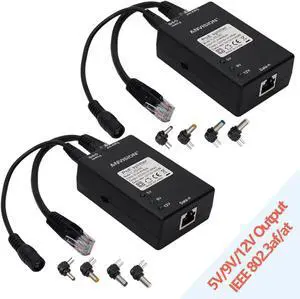 ANVISION 2-Pack Active Gigabit PoE Splitter Adapter with Multi-Size Tips, IEEE 802.3af Compliant, up to 100 Meters (328 Feet), DC 5V/9V/12V Power Output for IP Camera AP Voip Phone and More