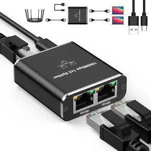 Gigabit Ethernet Splitter 1 to 2, 1000Mbps High Speed Network Splitter with USB Power Cable, RJ45 Internet Extension Adapter for Cat 8/7/6/5e/5 Cable [2 Devices Networked Simultaneously]