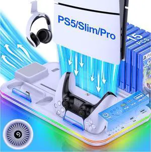 PS5/Slim/Pro Stand and Cooling Station with Controller Charging Station for Digital/Disc, PS5 Accessories Incl. 3 Levels Cooling Fan, LED Light, 15 Game Storage, Headset Holder for Playsation 5 White PS5/Slim/Pro Stand and Cooling Station with Controller Charging Station for Digital/Disc, PS5 Accessories Incl. 3 Levels Cooling Fan, LED Light, 15 Game Storage, Headset Holder for Playsation 5 White