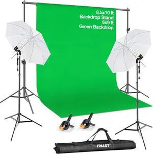 EMART 8.5X10 FT Green Screen Backdrop Kit, Photography Umbrella with 5500K Bulbs, 6X9 FT Green Backdrop with Spring Clamps, Professional Photography Lighting kit for Studio, Portrait, Video Shooting EMART 8.5X10 FT Green Screen Backdrop Kit, Photography Umbrella with 5500K Bulbs, 6X9 FT Green Backdrop with Spring Clamps, Professional Photography Lighting kit for Studio, Portrait, Video Shooting
