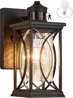 Motion Sensor Outdoor Wall Light with Dimmable Bulb, Modern Dusk to Dawn Exterior Light Fixture Wall Mount Porch Light Black with Crack-Like Glass Coach Lantern for House Garage Motion Sensor Outdoor Wall Light with Dimmable Bulb, Modern Dusk to Dawn Exterior Light Fixture Wall Mount Porch Light Black with Crack-Like Glass Coach Lantern for House Garage