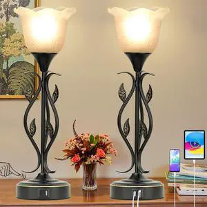 Bedside Lamps Set of 2, Table Lamp with USB Port 3 Way Dimmable Touch lamp Torchiere Nightstand Lamps with Rustic Vines Leaf and Glass Flower Shade lamp for Bedroom, Living Room, Office Bedside Lamps Set of 2, Table Lamp with USB Port 3 Way Dimmable Touch lamp Torchiere Nightstand Lamps with Rustic Vines Leaf and Glass Flower Shade lamp for Bedroom, Living Room, Office