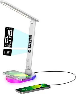 LED Desk Lamp with 10W QI Wireless Charging, Flexo Table Lamp with 3 Colors and 5 Brightness Levels with Charging Function,USB,Clock,Temperature,LCD,Date,Touch Control. (White) LED Desk Lamp with 10W QI Wireless Charging, Flexo Table Lamp with 3 Colors and 5 Brightness Levels with Charging Function,USB,Clock,Temperature,LCD,Date,Touch Control. (White)