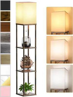 Floor Lamp with Shelves for Living Room Brown, Shelf Floor Lamp with 3 CCT LED Bulb, Corner Display Standing Column Lamp Etagere Organizer Tower Nightstand with White Linen Shade for Bedroom Floor Lamp with Shelves for Living Room Brown, Shelf Floor Lamp with 3 CCT LED Bulb, Corner Display Standing Column Lamp Etagere Organizer Tower Nightstand with White Linen Shade for Bedroom