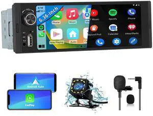litillbuly Single Din Car Stereo 6.36 Inch IPS HD Touchscreen Radio Wireless Carplay & Android Auto,with Bluetooth,Backup Camera,FM,EQ,Mirror Link,USB