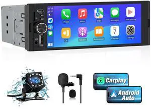 litillbuly 6.36'' Single DIN Car Radio Stereo with Wireless CarPlay & Android Auto HD IPS Touchscreen Radio Support Type-C Charging/USB/Mirror Link/Microphone/Bluetooth/FM/Reverse Camera
