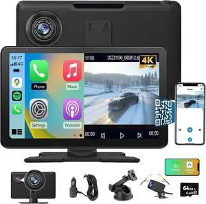 litillbuly Carplay Screen 9-inch Wireless CarPlay & Android Auto Car Stereo Portable Touchscreen with Bluetooth, Mirror Link,4K Dash Cam,1080P Backup Camera,Bluetooth,GPS,FM