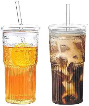 2 Packs 20oz Glass Cups Set With Lids and Glass Straws Drinkware, Coffee Cup, Bottles, Tumblers and Mug for Juices and Milk, Halloween Gifts