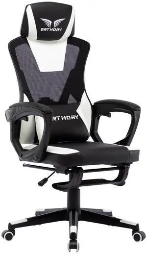BRTHORY Gaming Desk Chair with Footrest, Ergonomic Computer Office Desk Chair,Reclining Game Chairs Lumbar Support,Faux Leather,Height Adjustable,360° Swivel (White)