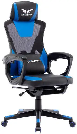 BRTHORY Gaming Desk Chair with Footrest, Ergonomic Computer Office Desk Chair,Reclining Game Chairs Lumbar Support,Faux Leather,Height Adjustable,360° Swivel (Blue)
