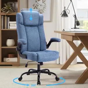 BRTHORY High Back Home Office Chair Adjustable Headrest Ergonomic Executive Computer Chair, Fabric Padded Desk Chairs with Flip-up Armrest Adjustable Height Swivel Wheels (Blue)