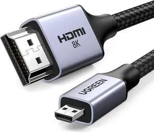 UGREEN 8K Micro HDMI to HDMI Cable 6.6FT, 2.1 Aluminum Shell Braided 48Gbps Ultra High Speed 8K@60Hz, 4K@240Hz Support HDR eARC Dolby Compatible with GoPro Raspberry Pi 5 Camera Ni-kon