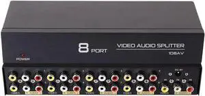 DTECH Powered 8 Way 3 RCA Splitter Box 1 in 8 Out Composite Video Audio Distribution Duplicator with Power Adapter Compatible with TV Projector Receiver Gaming Console Video Capture Card
