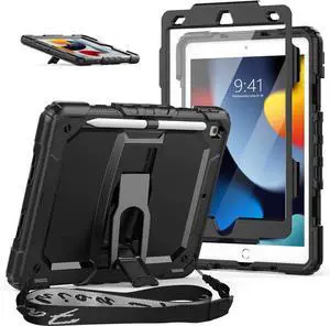 Case for iPad 9th/8th/7th Generation 10.2'' with Screen Protector Pencil Holder Shoulder Strap & Stand, Drop-Proof Case (Black)