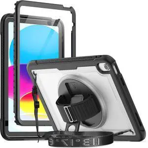 Case Compatible with iPad 11 inch (A16) 2025/10.9'' (10th Generation) 2022 with Screen Protector Pen Holder | Clear Case with 360 Rotatable Hand Strap Stand Hand Strap