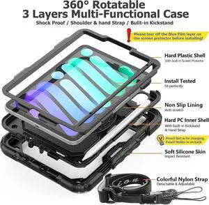 Case for iPad mini 7 (A17 Pro) 2024/ Mini 6 8.3'' with Screen Protector Pencil Holder [360 Rotating Hand Strap] &Stand, Drop-Proof Case for iPad mini 7th/6th Generation 8.3", Black+Red