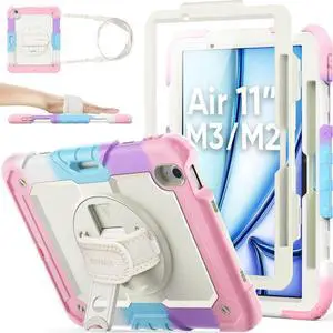 for iPad Air 11 inch Protective Case M3 2025/ M2 2024 (Air 7th/6th Generation), Heavy Duty Case with Screen Protector, Pencil Holder, Rotating Stand, Hand Strap, Shoulder Strap, Pink