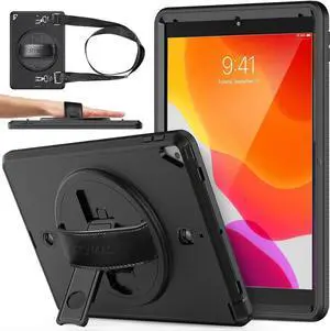 Case for iPad 9th/ 8th/ 7th Generation 10.2 Inch 2021/2020/ 2019, Full-Body Case with 360 Rotating Stand & Hand Strap [Pen Holder] [Screen Protector] - Black