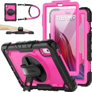 Case for Len-ovo Tab M9 (TB-310FU) 2023 with Screen Protector, Drop-Proof Protection Cover with 360 Rotating Stand &Strap [Pen Holder] Case for Len-ovo Tab M9 9'' (Pink+Black)