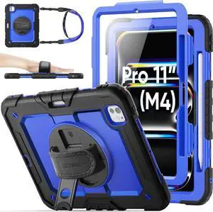 Case for iPad Pro 11 inch Case 2024 (M4), Shockproof Protective with Pencil Holder, Screen Protector, 360 Rotate Stand, Adjustable Hand Strap, Shoulder Strap, Blue