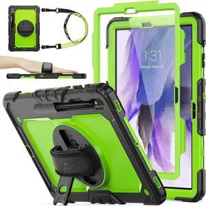 Case for SAM-SUNG Galaxy Tab S7 FE / S8 Plus 5G Case 12.4'' with Screen Protector Pencil Holder [360 Rotating Hand Strap] &Stand, Drop-Proof, Green/Black