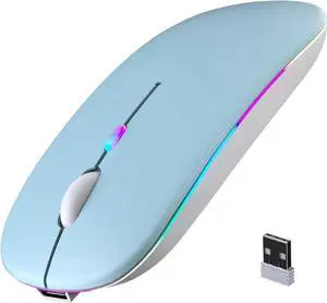 Wireless Bluetooth Mouse, Rechargeable, LED, Silent, Ultra-thin Design (Bluetooth 5.2 and 2.4GHz USB Receiver) | Portable Computer Mouse for Laptops, iPads, MacBooks and Apple Devices (Black) Blue