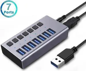 Powered USB Hub, 7-Port USB 3.0 Hub with 5Gbps 7 USB 3.0 Ports, Individual Switches and 12V3A Power Adapter, Aluminum USB Port Expander for Laptop/PC