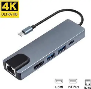 4K USB C Hub to Gigabit Ethernet Rj45 Lan 5 in 1 USB Type C Hub Adapter for Mac book Pro Thunderbolt 3 USB-C Charger PD
