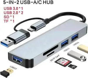 Aluminum 5 in 1 USB C & USB Hub with USB 3.0, 2*USB 2.0 Ports, TF/SD Card Reader for PC/Laptops/MacBook Pro/Air/iMac/iPad and More Devices