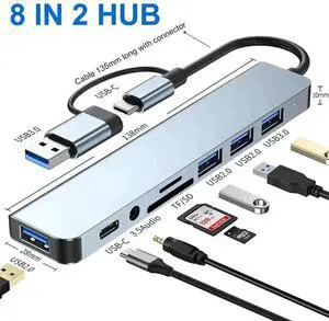 8 in 2 USB +Type C HUB Docking Station with 3.5mm Audio Jack Adapter Micro SD Card Reader Laptop Tablet Phone Disk Converter