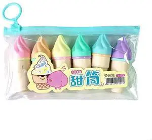 6pcs Mini Highlighter Pen Cartoon Ice Cream Fluorescent Marker Pens School Office Stationery Supply