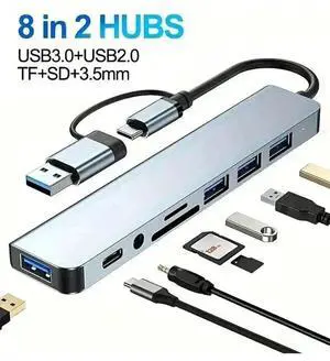 8 in 2 Docking Station USB Type C HUB with 3.5mm Audio Jack Adapter Micro SD Card Reader Laptop Tablet Phone Disk Converter