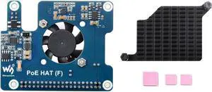 Waveshare PoE HAT (F) Compatible with Raspberry Pi 5, High Power, Onboard Cooling Fan, with Metal Heatsink, Supports 802.3af/at Network Standard