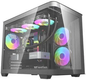 darkFlash DPW90M, Micro-ATX Gaming PC Case, Pre-Installed 3x120mm ARGB Fans, Panoramic View Dual Tempered Curve Glass, USB 3.0 Port, Supports Dual 360mm AIO,Black