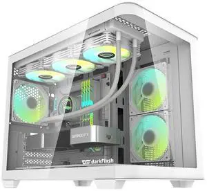 darkFlash DPW90M, Micro-ATX Gaming PC Case, Pre-Installed 3x120mm ARGB Fans, Panoramic View Dual Tempered Curve Glass, USB 3.0 Port, Supports Dual 360mm AIO,White