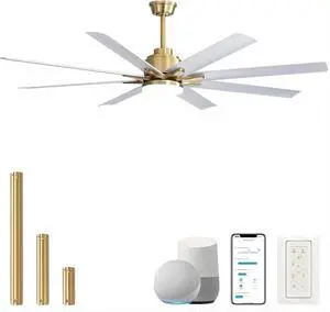 Sofucor Smart Ceiling Fan with Lights and Remote With APP Control Compatible with Alexa/Google Indoor Outdoor Low Profile Gold White Ceiling Fan with 3 Downrod for Living Room Farmhouse Patio