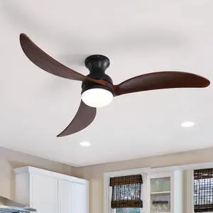 Sofucor 52" Flush Mount Ceiling Fan with Lights and Remote Control Smart App Wifi Low Profile Ceiling Fan 3 Solid Wood Blades Reversible DC Motor High CFM Dimmable Noiseless for Indoor Bedroom/Outdoor