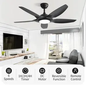 Sofucor Fan 48 Inch Ceiling Fans w/ Lights & Remote Indoor Outdoor Energy Saving Black Low Profile Ceiling Fan 6 Wind Speed, LED Dimmable Ceiling Fans for Bedroom/Patios/Living Room