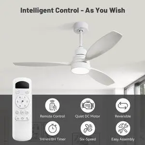 Sofucor White Ceiling Fan with Lights 52 Inch Low Profile Mordern Wood Ceiling Fan with Remote for Indoor Farmhouse Bedroom Living Room Outdoor Patio Porch