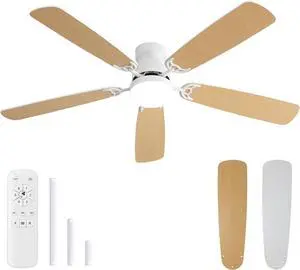 Sofucor 52 Inch Flush Mount Ceiling Fans with Light and Remote Double Sides Blades Bedroom Farmhouse Ceiling Fan Downrod Opional