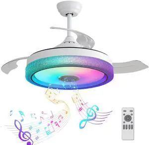 Sofucor 42'' RGB LED Ceiling Fan Light Dimmable Adjustable Wind Speeds with Music Speaker and APP Control Retractable Ceiling Fan with Lights for Kids Room Bedroom