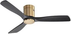Sofucor 52 Inch Gold Flush Mount Ceiling Fan with Remote Control Solid Wood Blades Modern Indoor/Outdoor Fan No Light for Bedroom/Farmhouse/Patio