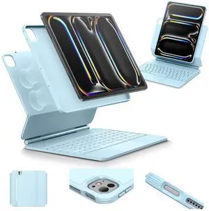 ESR iPad Pro 13 Inch Case with Keyboard (M4, 2024), iPad Pro 13 Keyboard Case with Easy-Set Magnetic Stand, Portrait/Raised Modes for iPad Pro 13 Keyboard, Removable Case, Rebound 360 Series, Blue